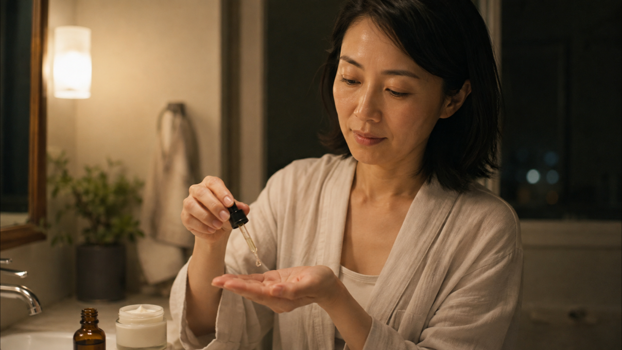 夜にレチノール美容液を手のひらへ少量出す女性