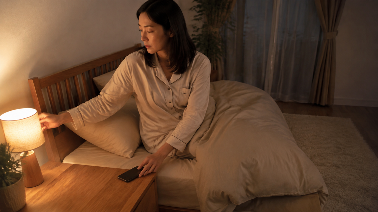 就寝前に照明を暗くしてスマートフォンを手放す女性
