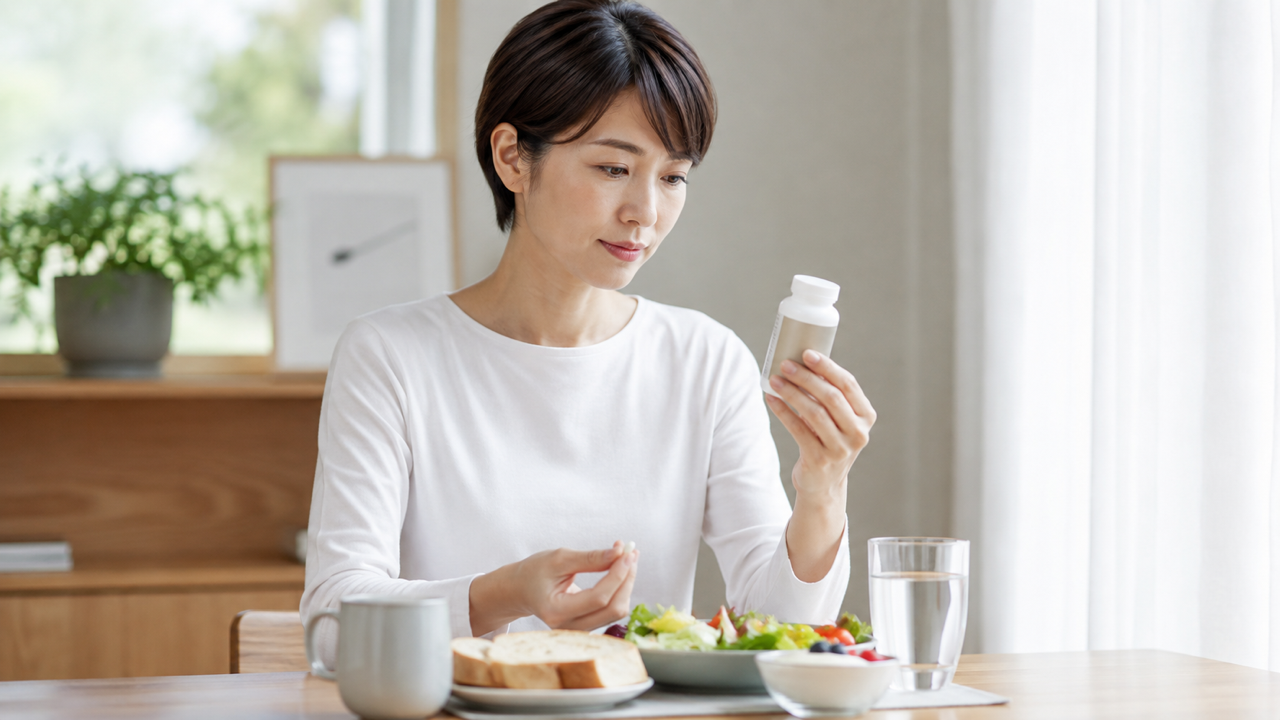 食事の前にサプリメントの表示を確認する女性