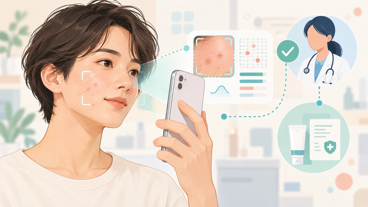 顔のニキビをスマートフォンのAIで確認し、医師の監督と塗り薬につなぐ仕組みを表したイラスト