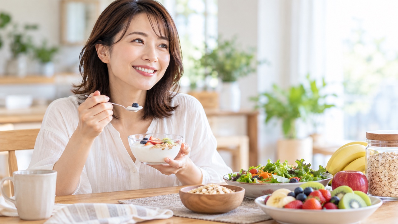 ヨーグルトと食物繊維を含む果物や野菜を楽しむ女性